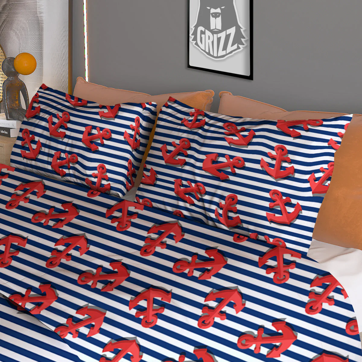 Red Nautical Anchor Blue Striped Print Duvet Cover Bedding Set - Image 3