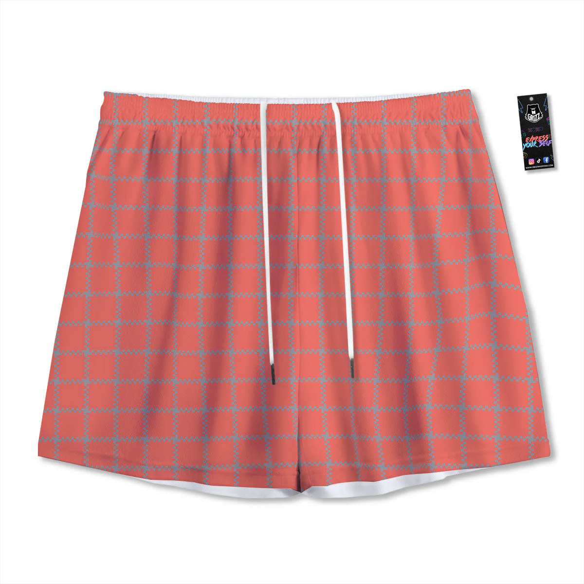 Red Pastel And Grey Tattersall Print Mesh Shorts