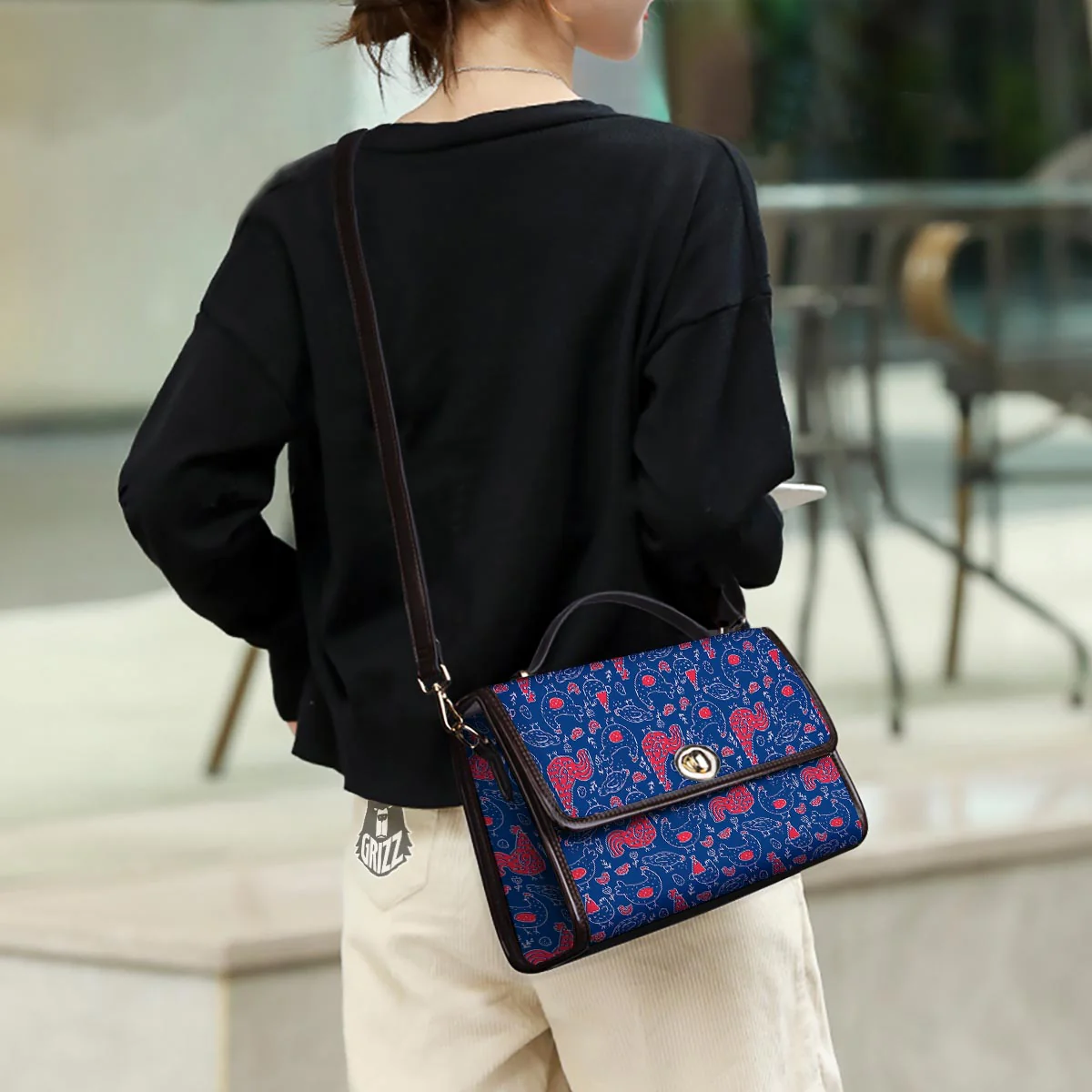 Red Rooster Blue Print Pattern Women's Satchel Bag - Image 3