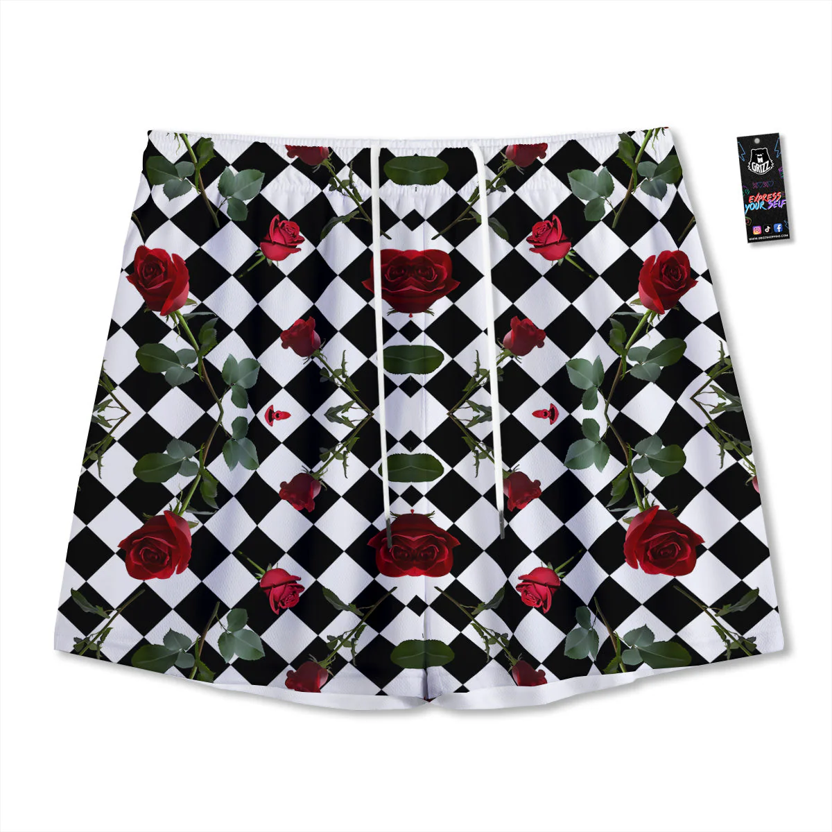 Red Roses And Argyle Print Pattern Mesh Shorts