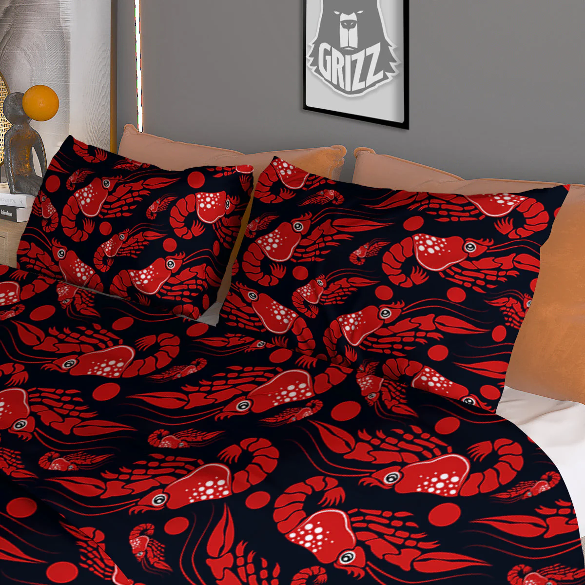 Red Shrimps Print Pattern Duvet Cover Bedding Set - Image 3