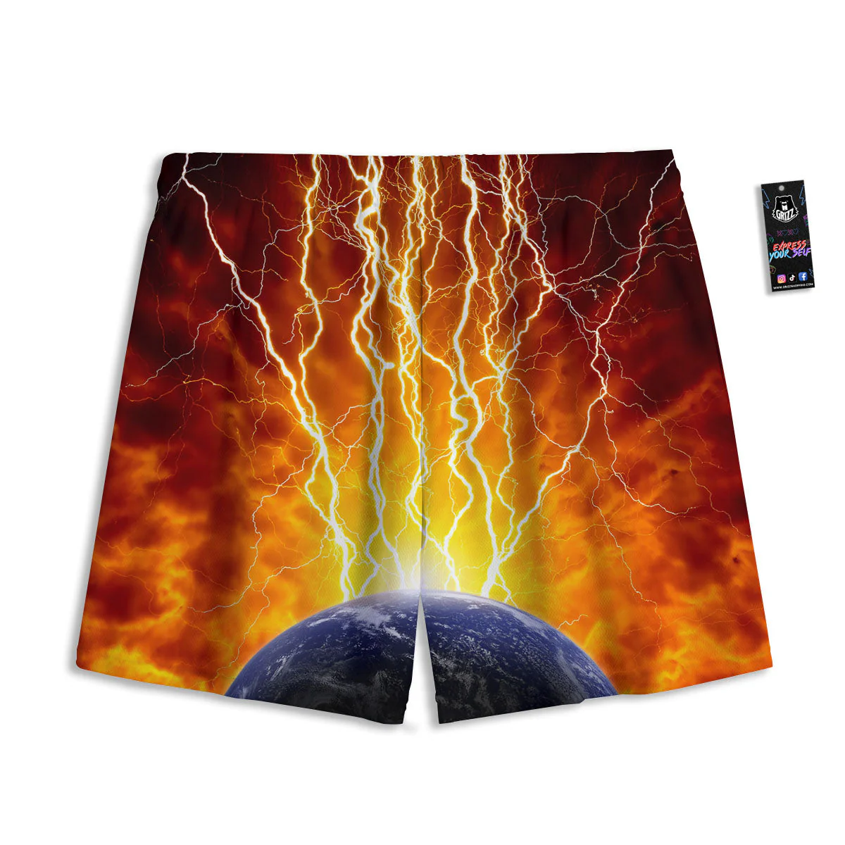 Red Sky With Lightnings Print Mesh Shorts - Image 2