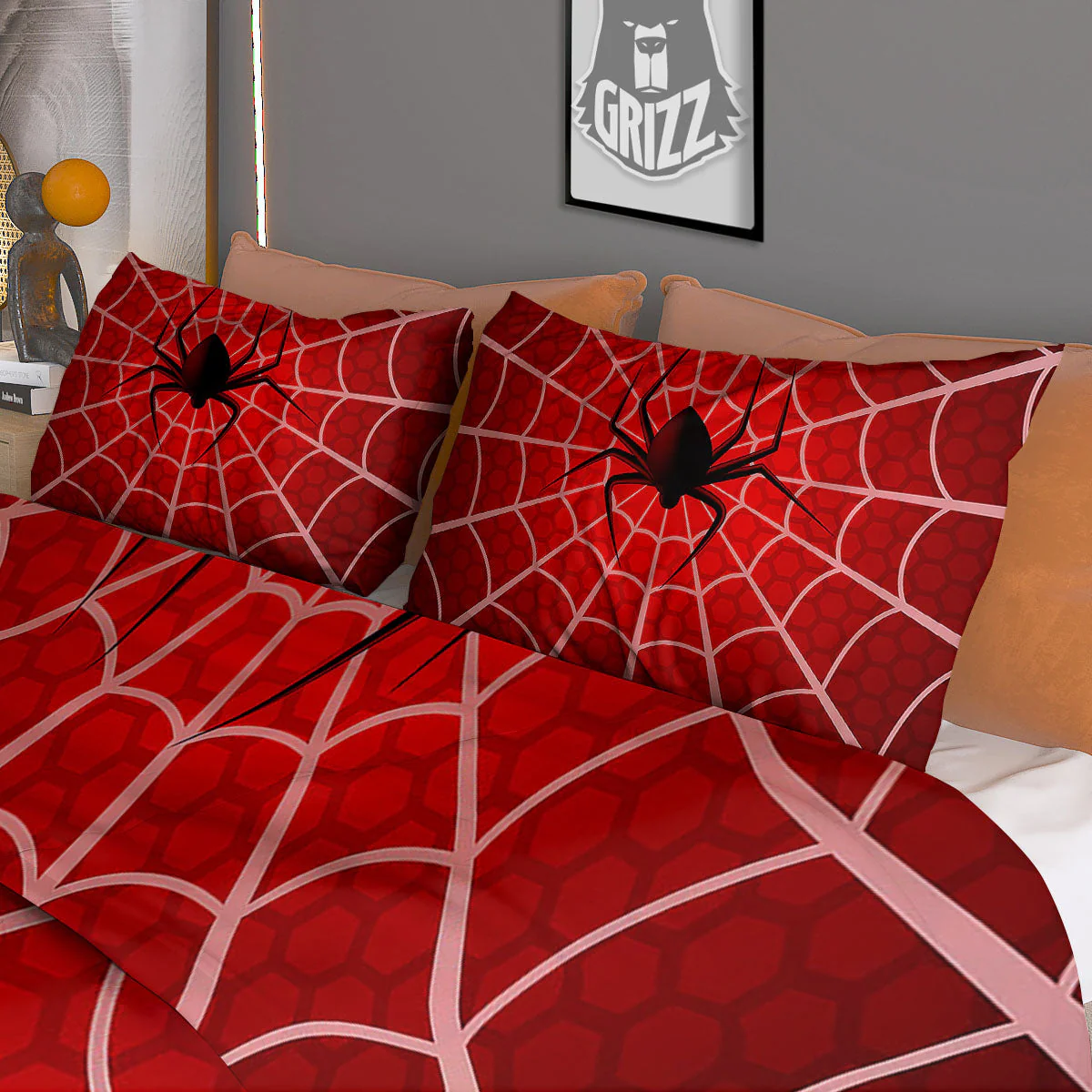 Red Spider Web Cobweb trap Print Duvet Cover Bedding Set - Image 3