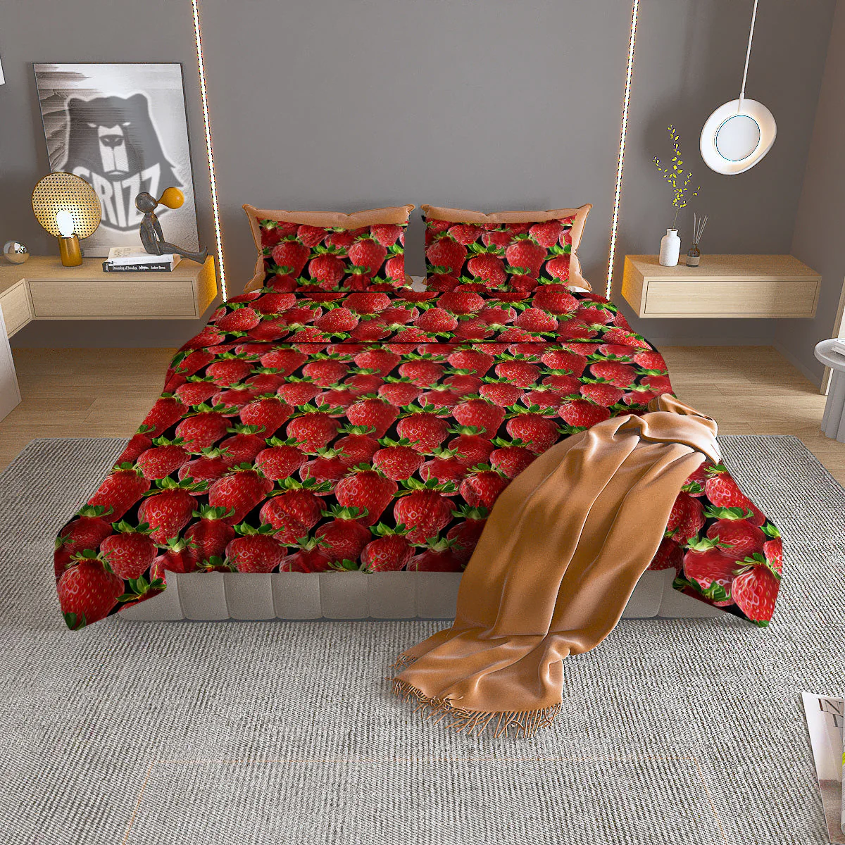 Red Strawberries Ripe Print Pattern Duvet Cover Bedding Set
