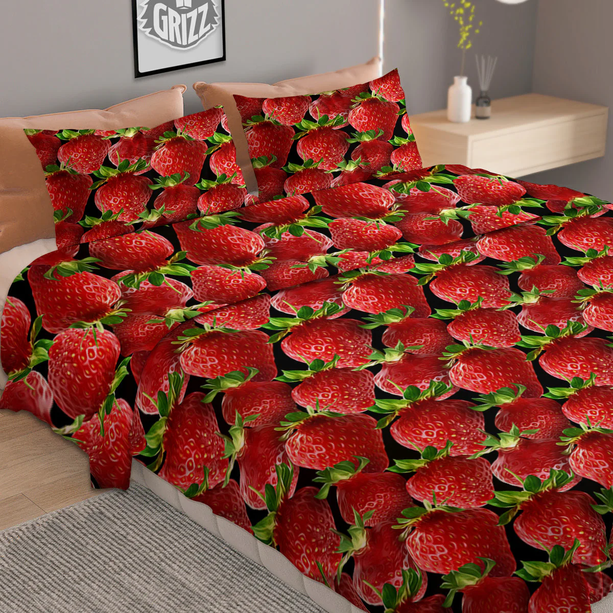 Red Strawberries Ripe Print Pattern Duvet Cover Bedding Set - Image 2