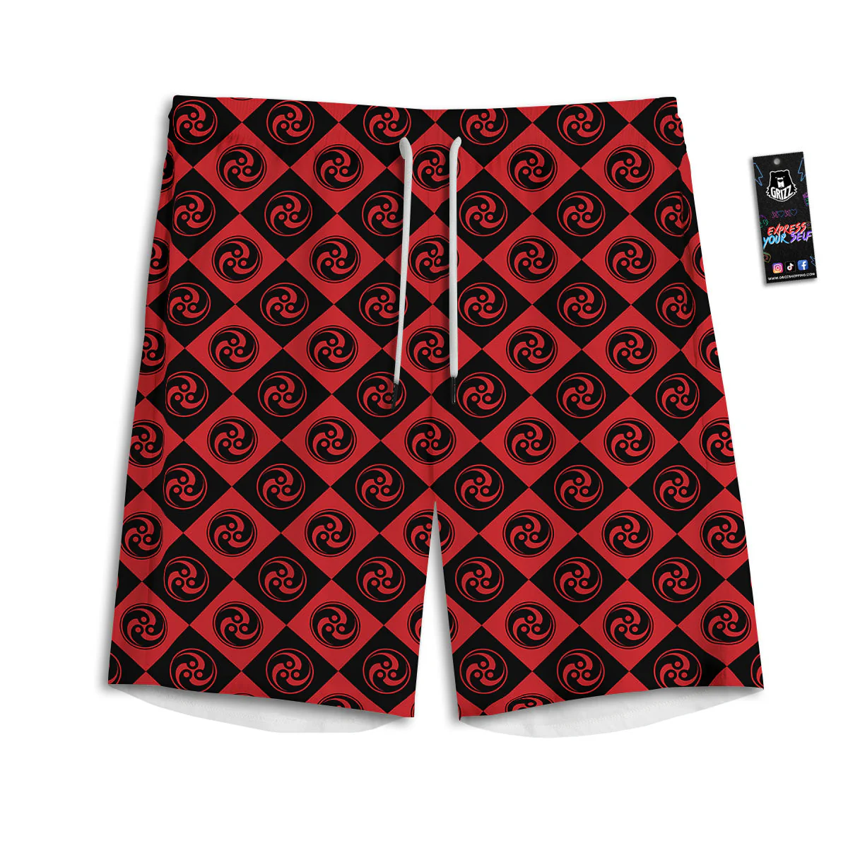 Red Tomoe Print Pattern Men's Athletic Shorts