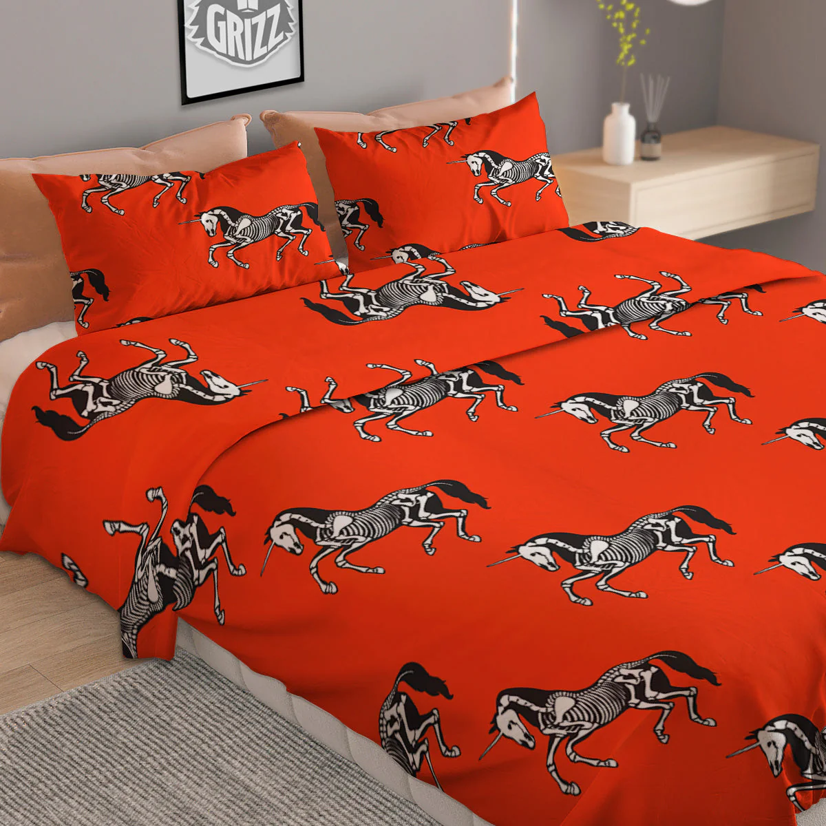 Red Unicorn Skeleton Print Pattern Duvet Cover Bedding Set - Image 2