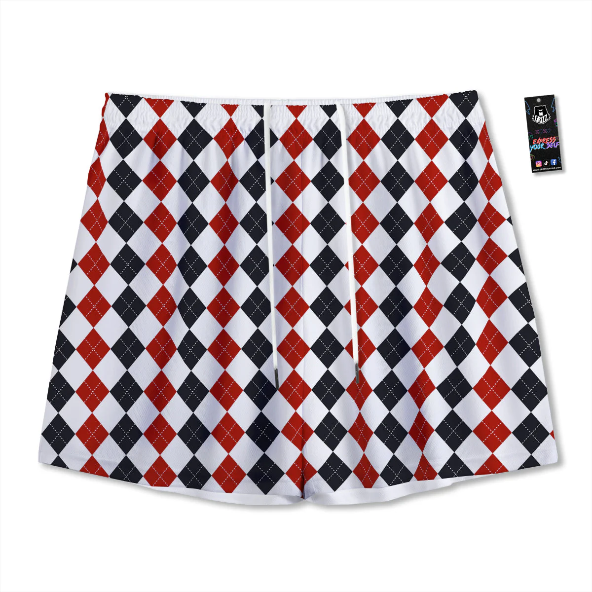 Red White And Black Argyle Print Pattern Mesh Shorts