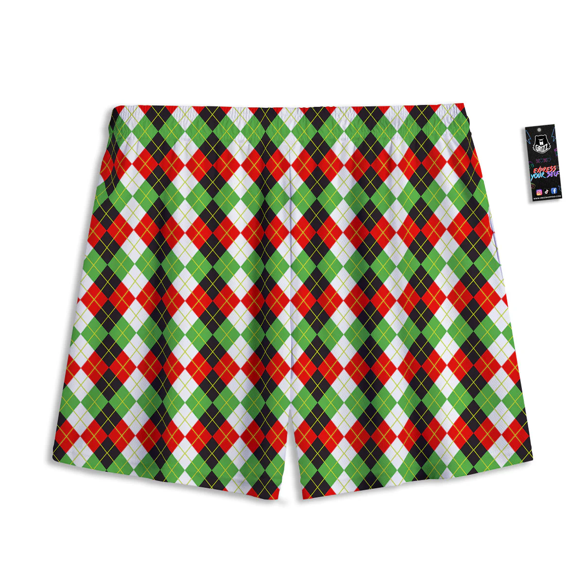 Red White And Green Argyle Print Pattern Mesh Shorts - Image 2