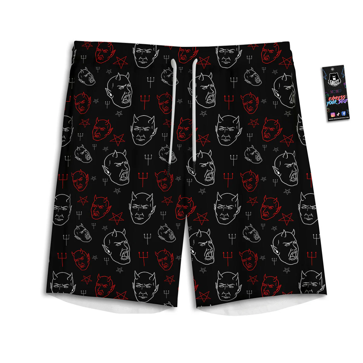 Red White Satan Head Print Pattern Men's Athletic Shorts
