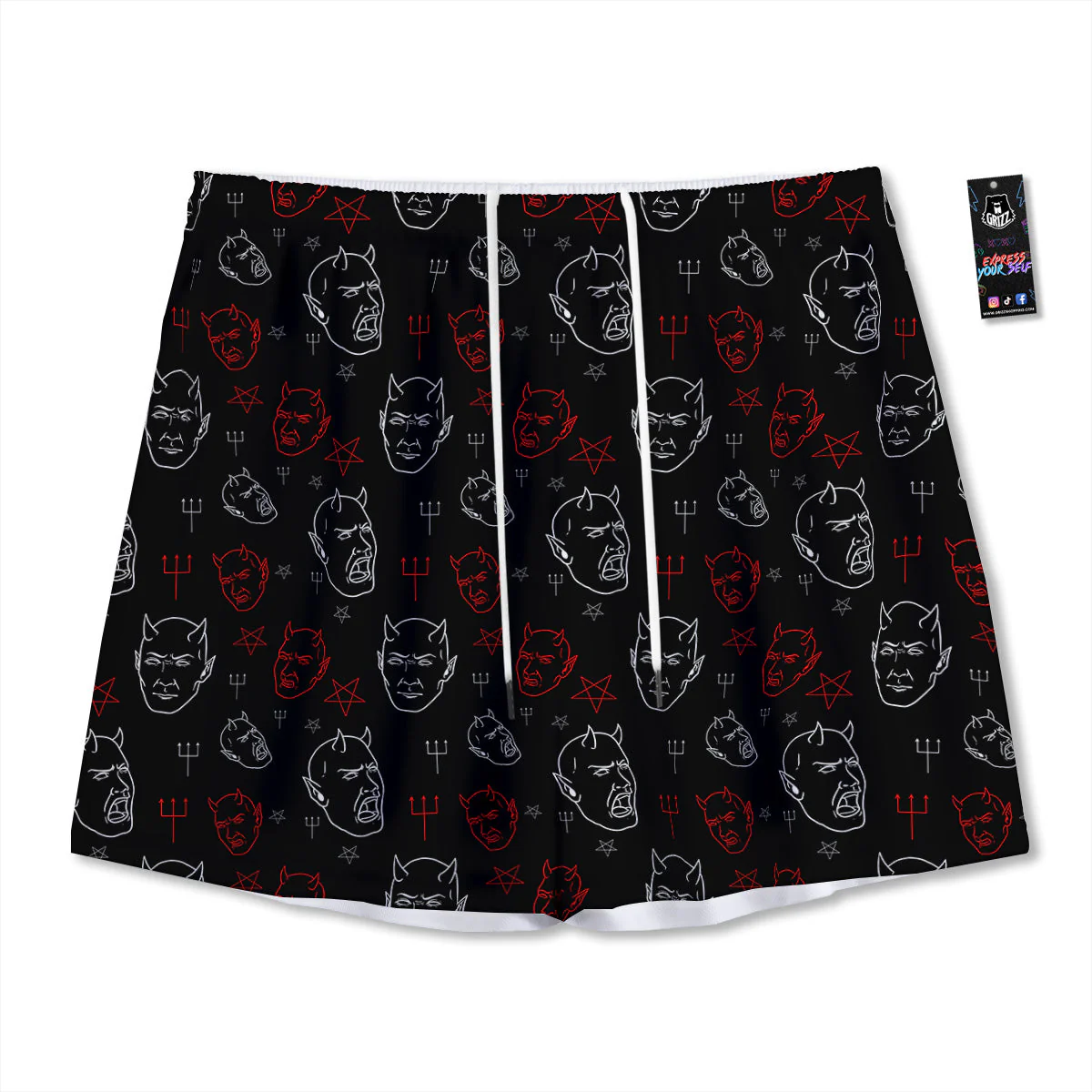 Red White Satan Head Print Pattern Mesh Shorts