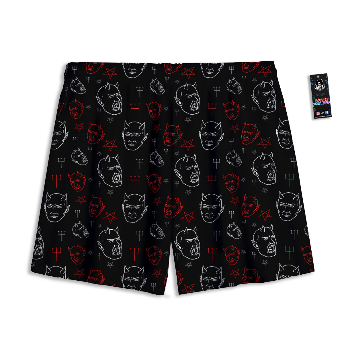 Red White Satan Head Print Pattern Mesh Shorts - Image 2