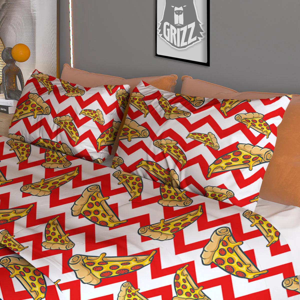 Red Zigzag Pizza Print Pattern Duvet Cover Bedding Set - Image 3