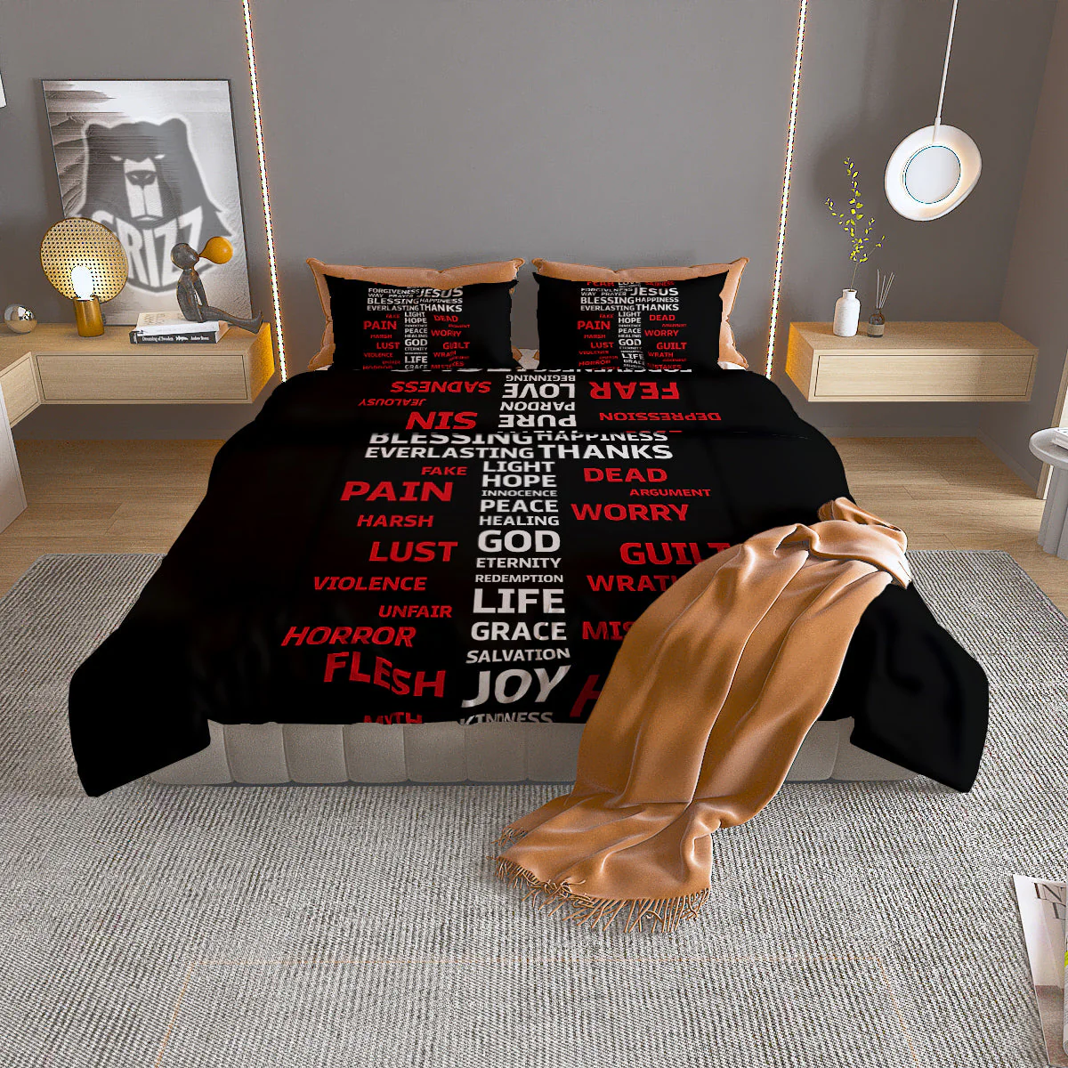 Religious Words Christian Cross Print Duvet Cover Bedding Set