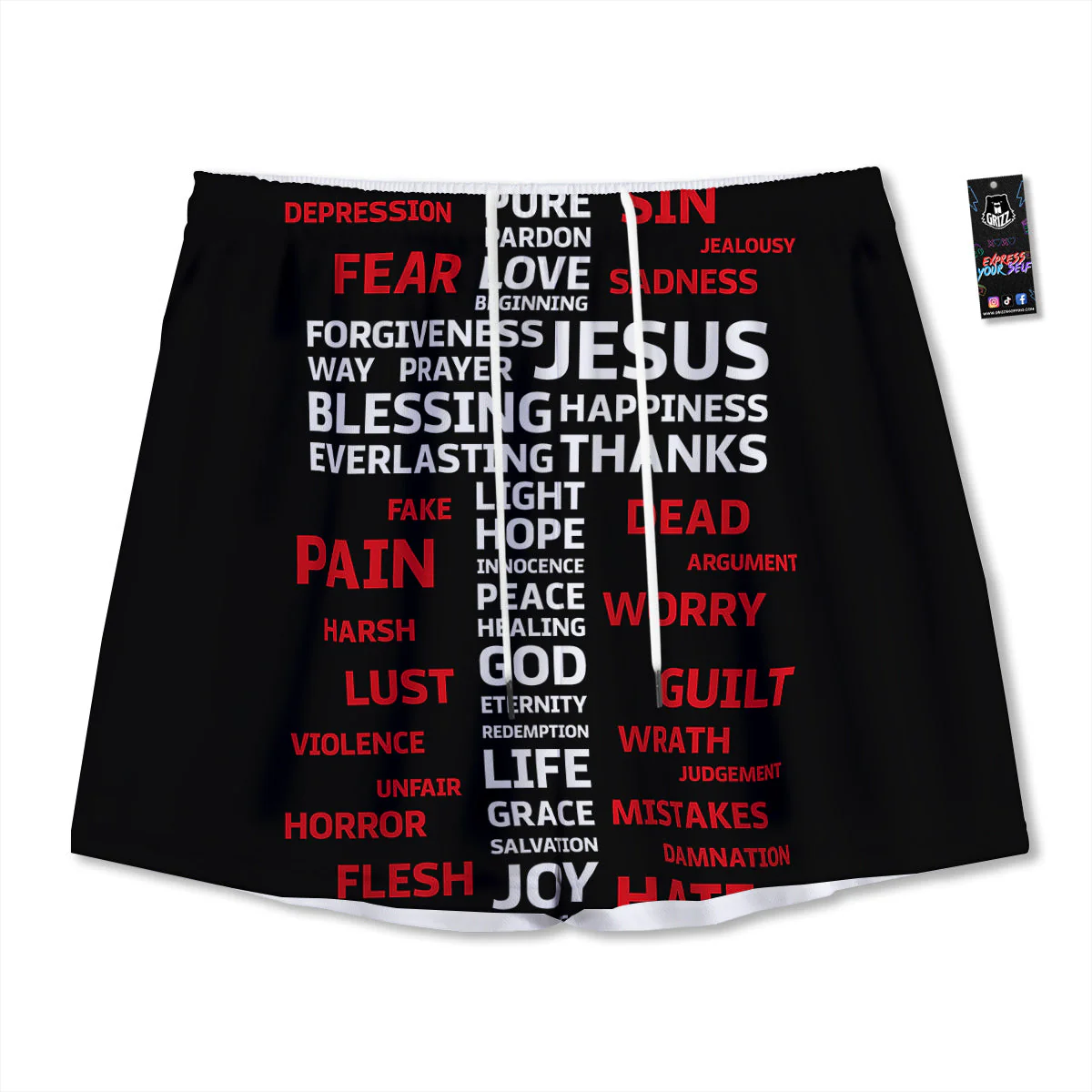 Religious Words Christian Cross Print Mesh Shorts
