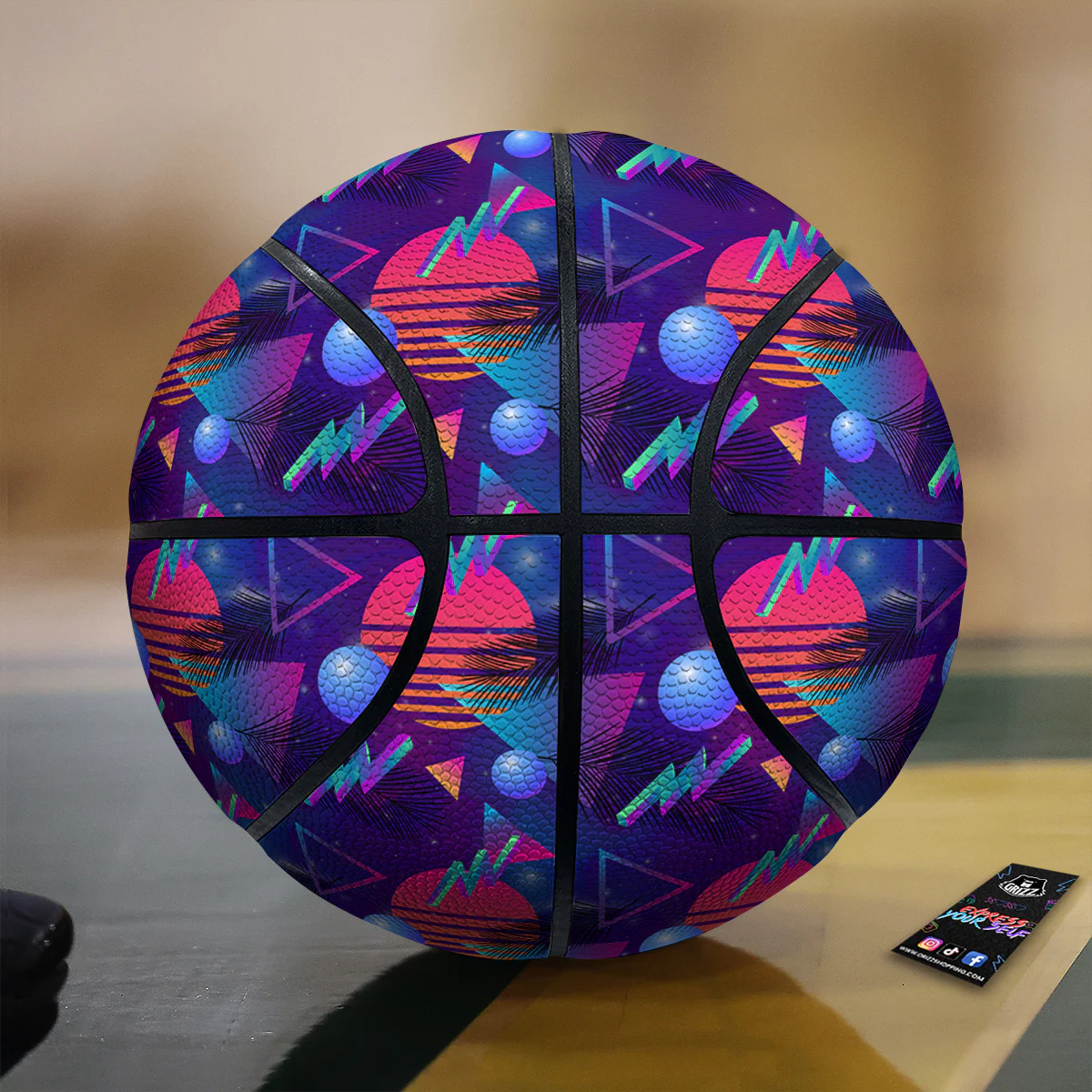 Retro Futuristic Neon Theme Print Pattern Basketball