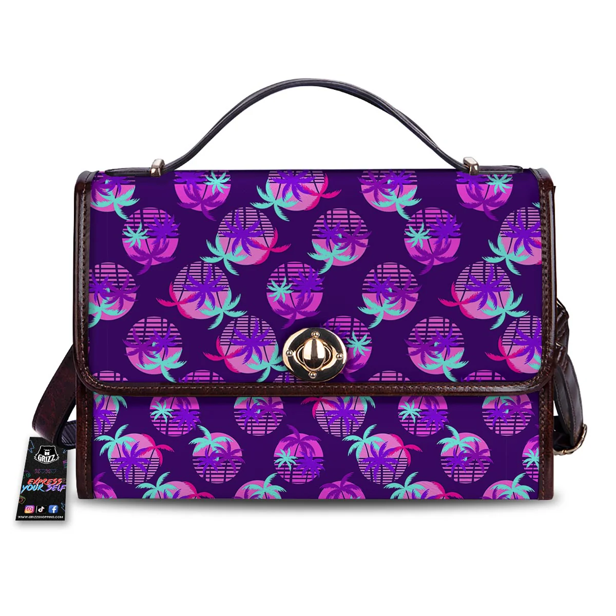 Retrowave Sunset Palm Tree Print Pattern Women's Satchel Bag