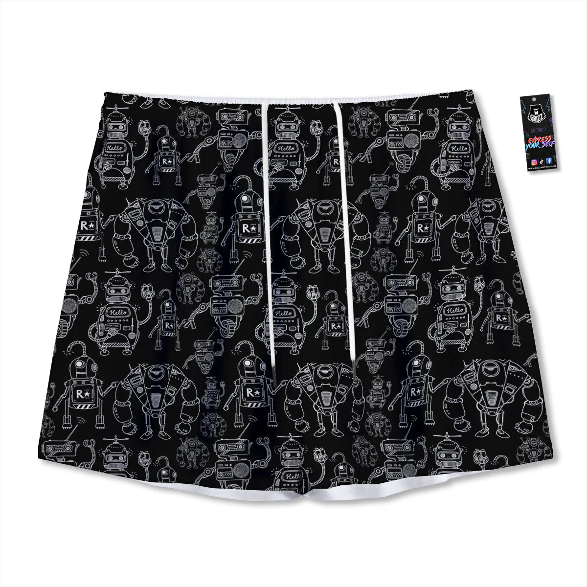 Robot Black And White Print Pattern Mesh Shorts