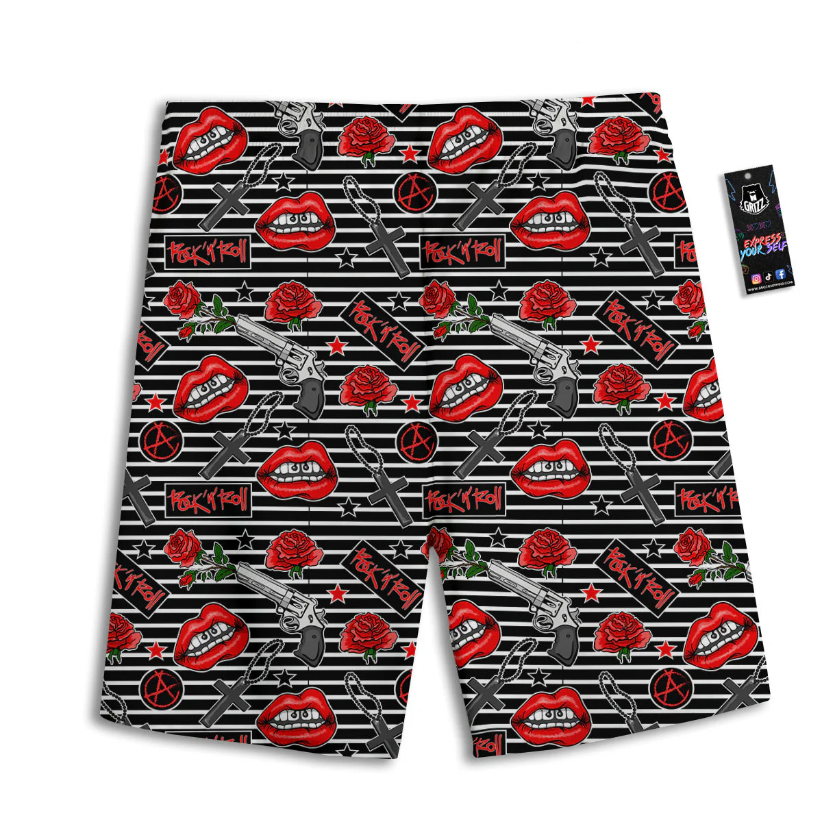 Rock’N’Roll Stiped Black White Print Pattern Men's Athletic Shorts - Image 2