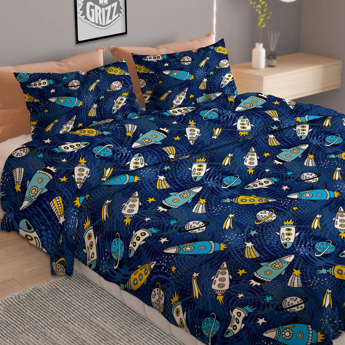 Rocket Doodle Print Pattern Duvet Cover Bedding Set - Image 2