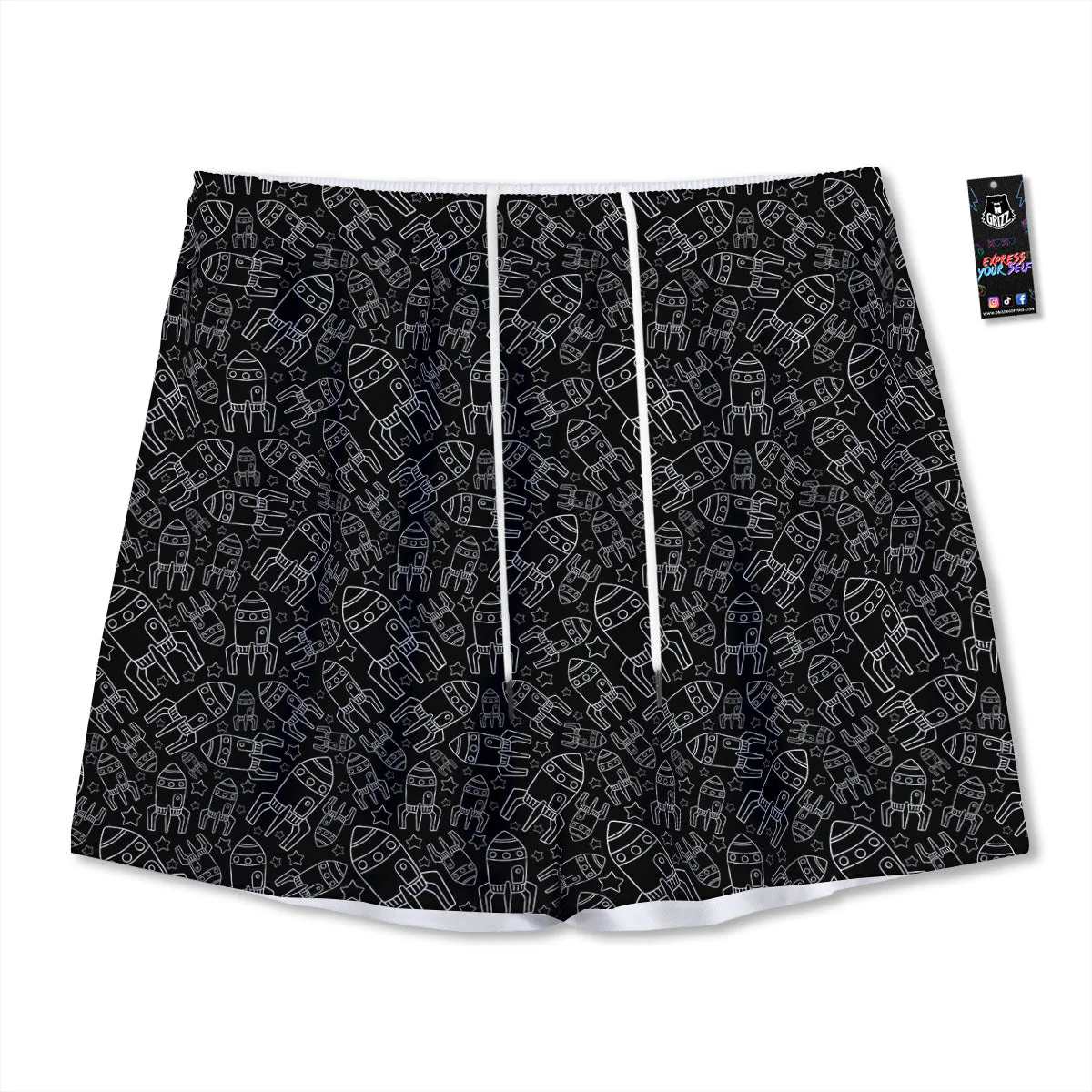 Rocket White And Black Print Pattern Mesh Shorts