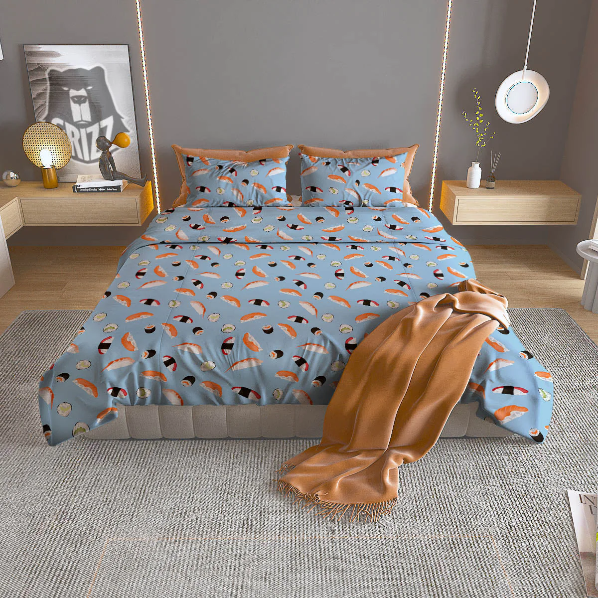 Rolls And Sushi Colorful Print Pattern Duvet Cover Bedding Set