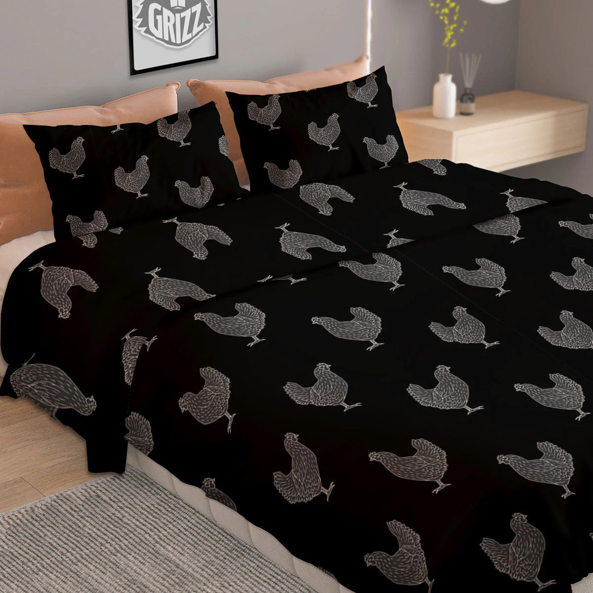 Rooster Black And White Print Pattern Duvet Cover Bedding Set - Image 2