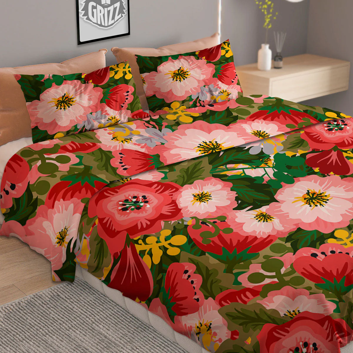 Rose Floral Red And Pink Print Pattern Duvet Cover Bedding Set - Image 2