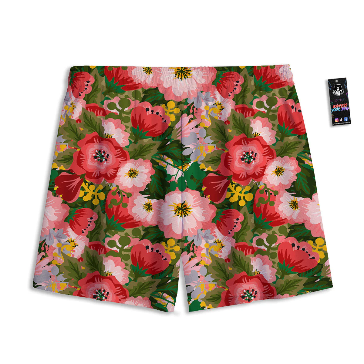 Rose Floral Red And Pink Print Pattern Mesh Shorts - Image 2