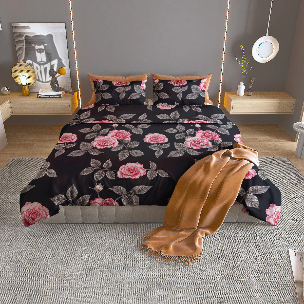 Rose Pink Print Pattern Duvet Cover Bedding Set