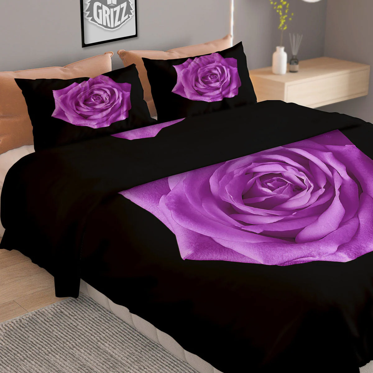 Rose Purple Dark Print Duvet Cover Bedding Set - Image 2