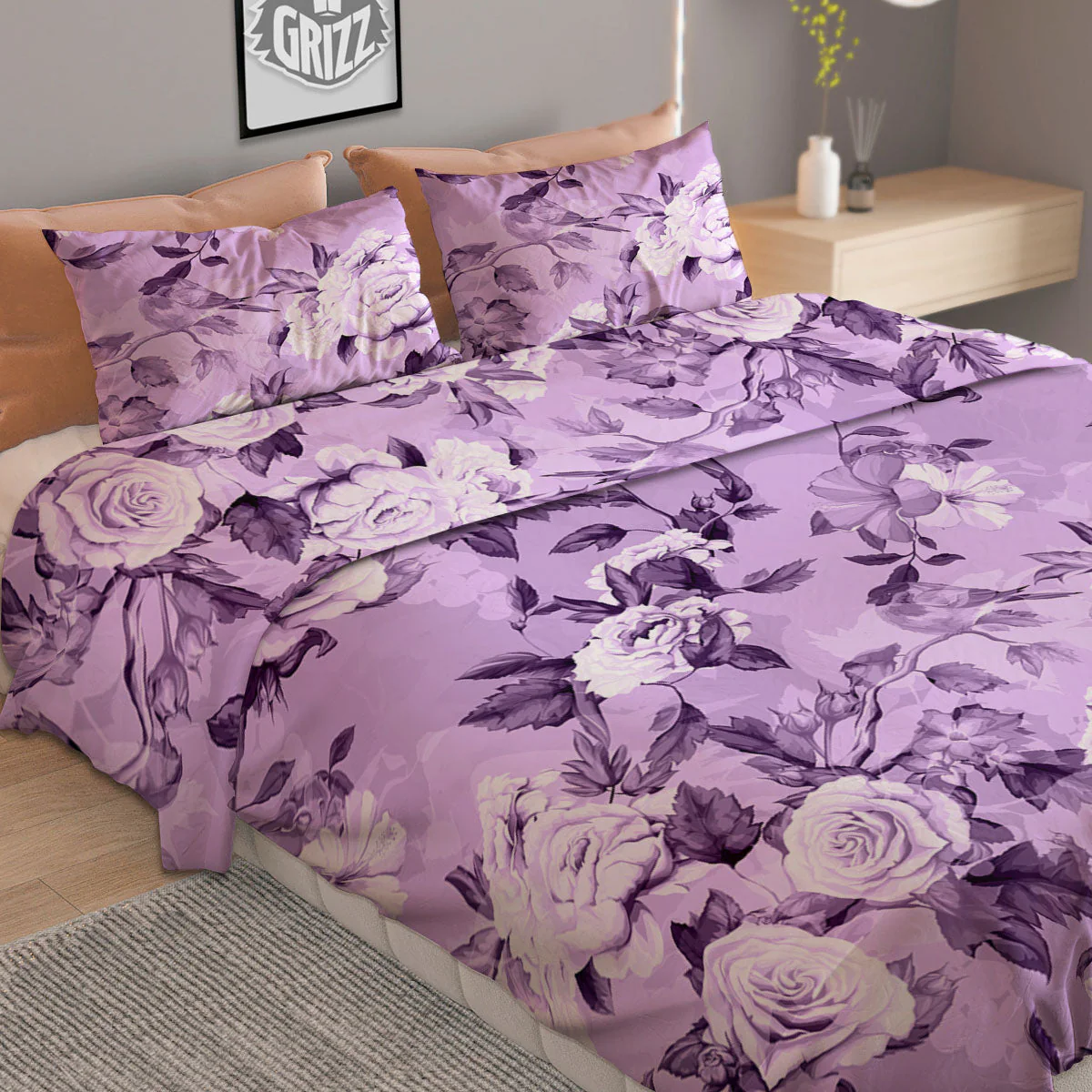 Rose Purple Print Pattern Duvet Cover Bedding Set - Image 2