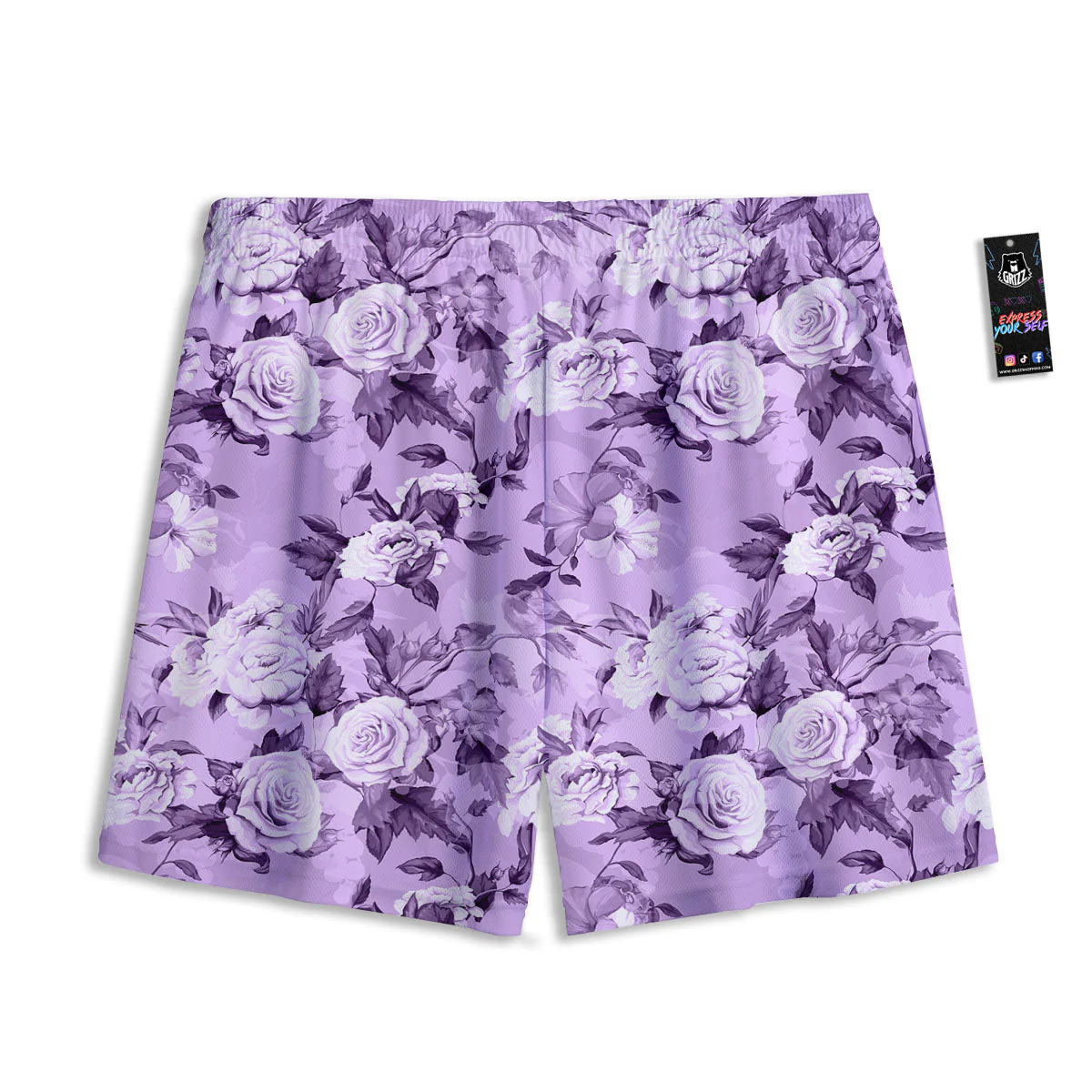 Rose Purple Print Pattern Mesh Shorts - Image 2