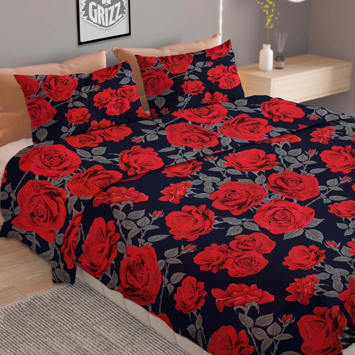 Rose Red Print Pattern Duvet Cover Bedding Set - Image 2