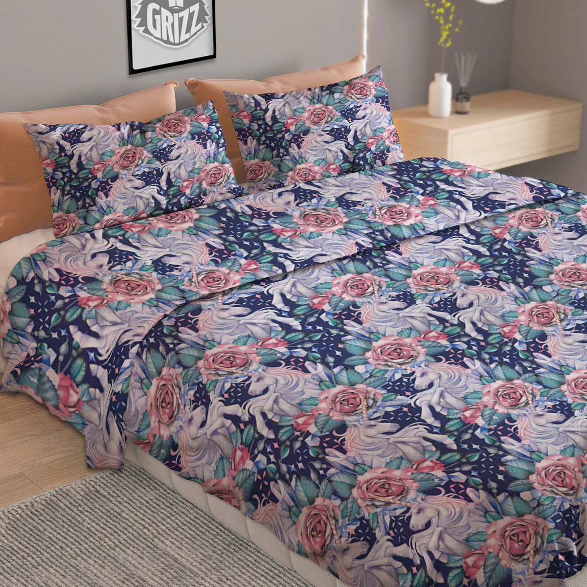 Rose Unicorn Blue Fairy Print Pattern Duvet Cover Bedding Set - Image 2
