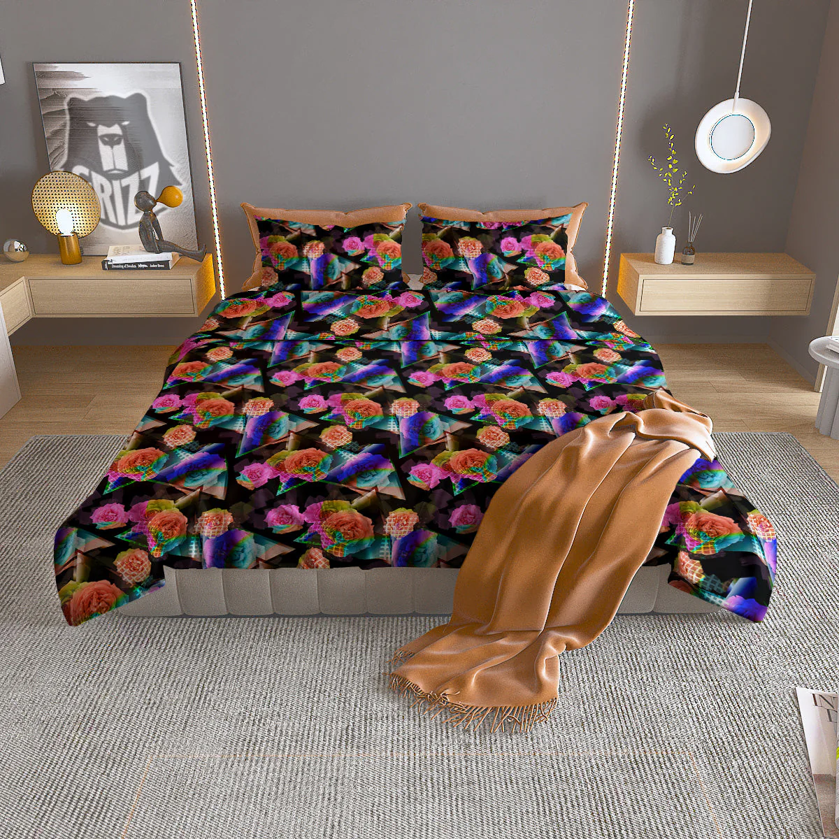 Roses Colorful Gradient Triangle Print Pattern Duvet Cover Bedding Set