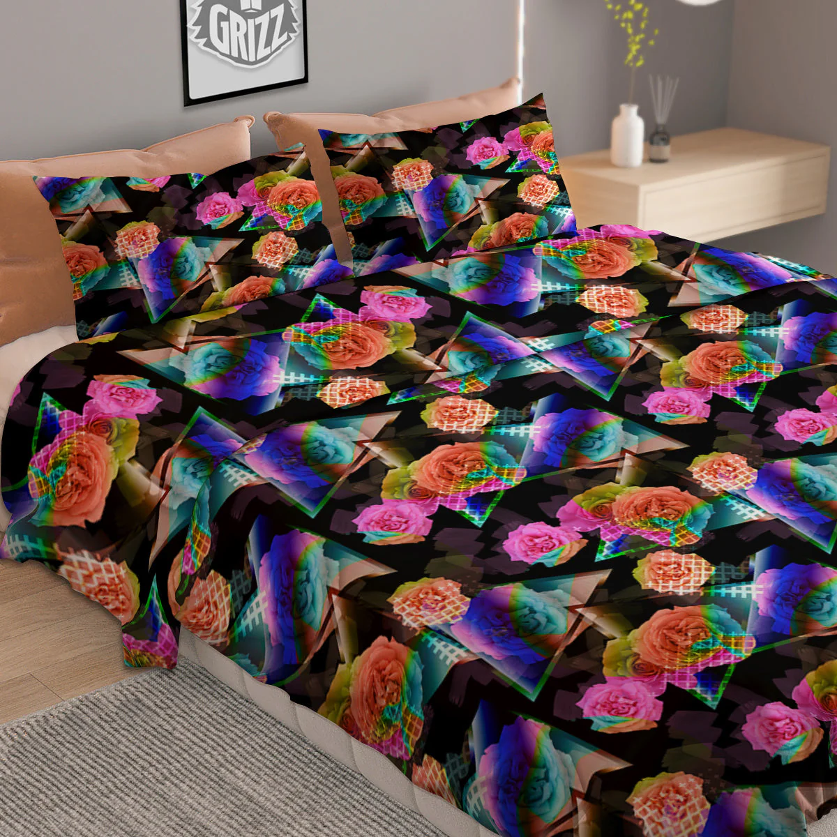 Roses Colorful Gradient Triangle Print Pattern Duvet Cover Bedding Set - Image 2