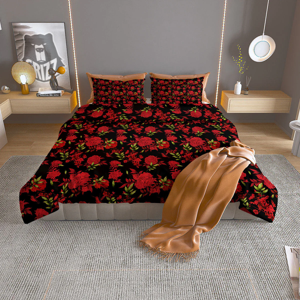Roses Floral Red And Black Print Duvet Cover Bedding Set