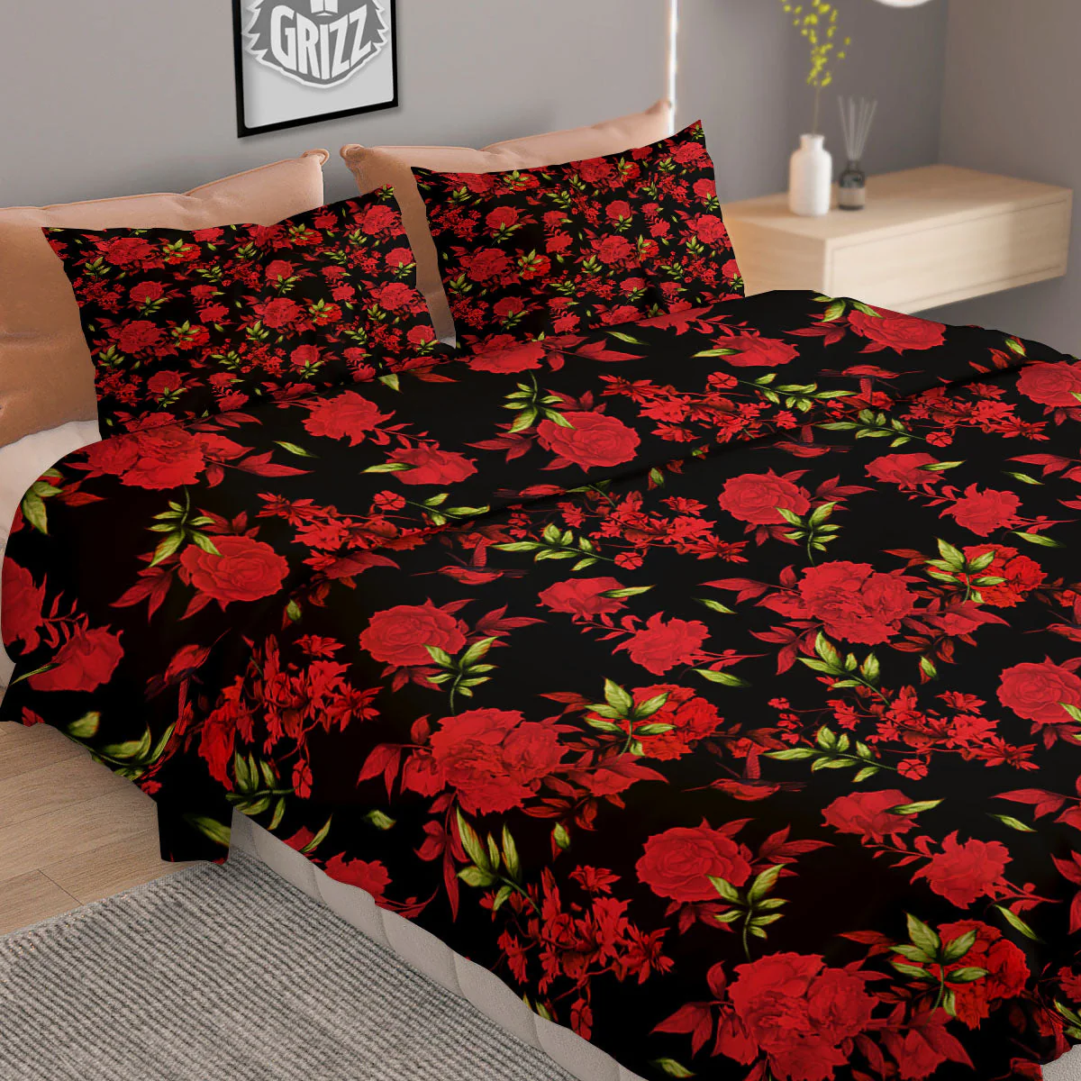 Roses Floral Red And Black Print Duvet Cover Bedding Set - Image 2