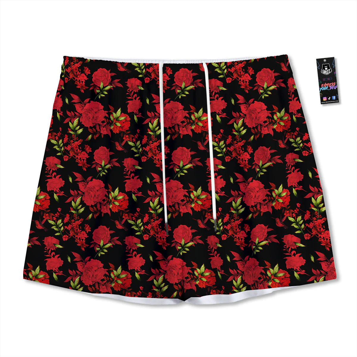 Roses Floral Red And Black Print Mesh Shorts