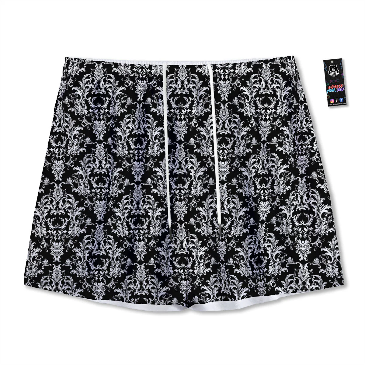 Royal Damask White And Black Print Pattern Mesh Shorts