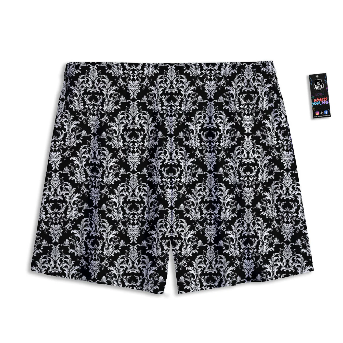Royal Damask White And Black Print Pattern Mesh Shorts - Image 2