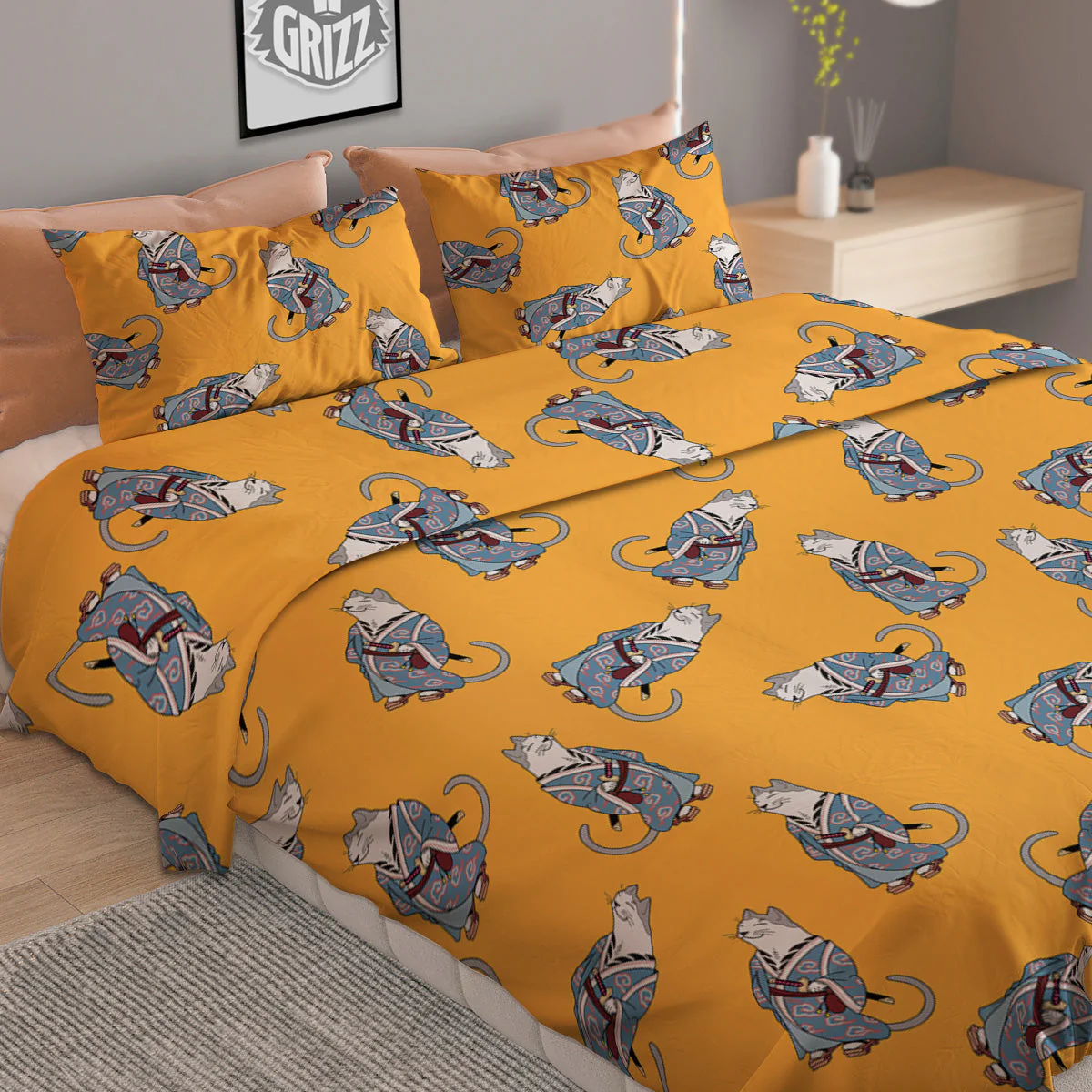 Samurai Cat Print Pattern Duvet Cover Bedding Set - Image 2