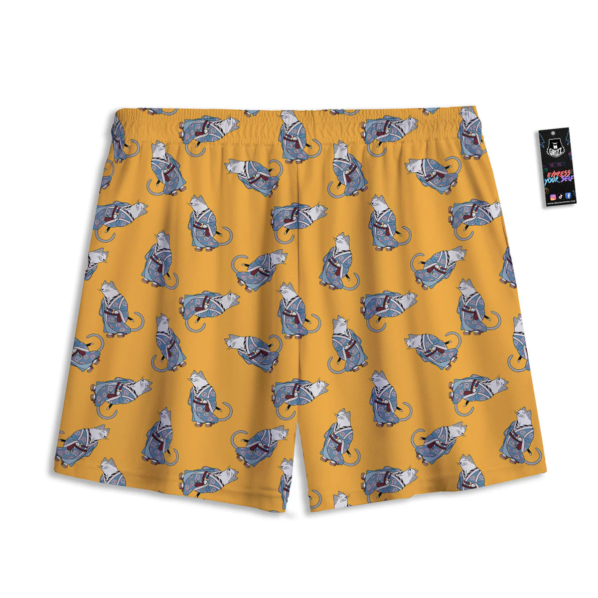 Samurai Cat Print Pattern Mesh Shorts - Image 2