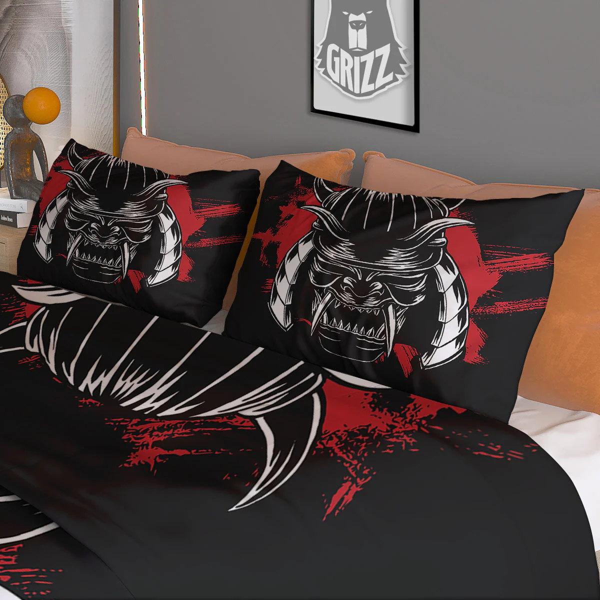 Samurai Mask Old Japanese Print Duvet Cover Bedding Set - Image 3