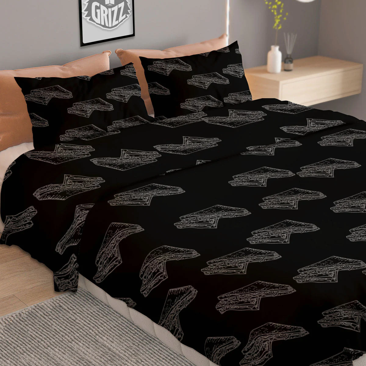 Sandwich Black Doodle Print Pattern Duvet Cover Bedding Set - Image 2