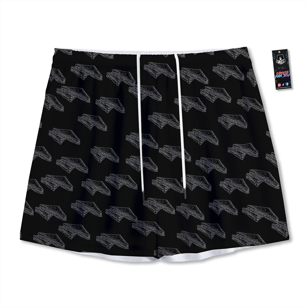 Sandwich Black Doodle Print Pattern Mesh Shorts