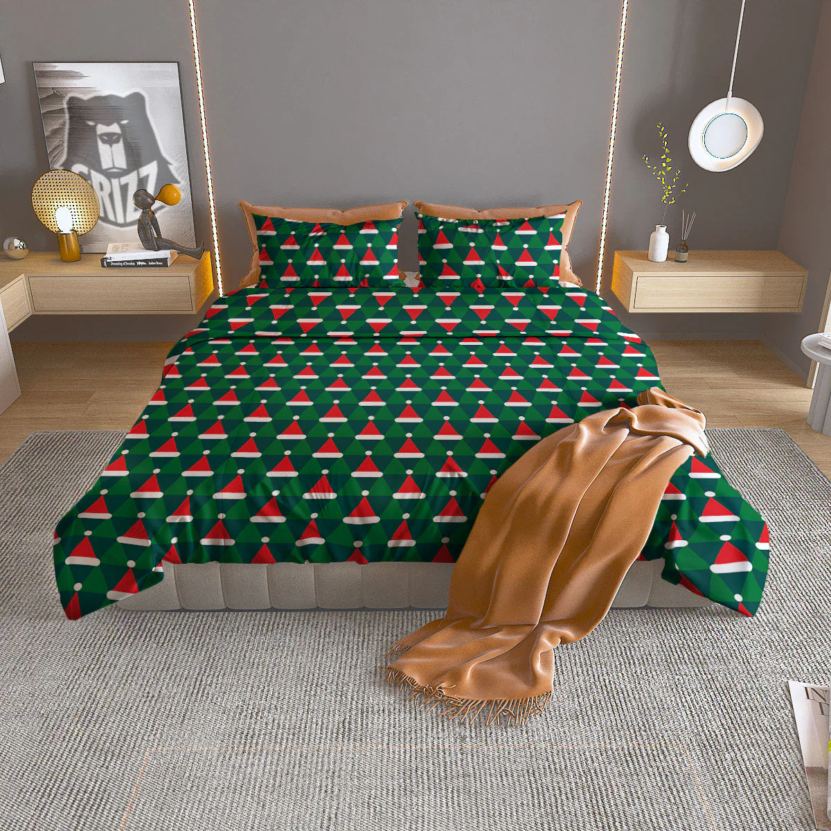 Santa Hats Christmas Print Pattern Duvet Cover Bedding Set