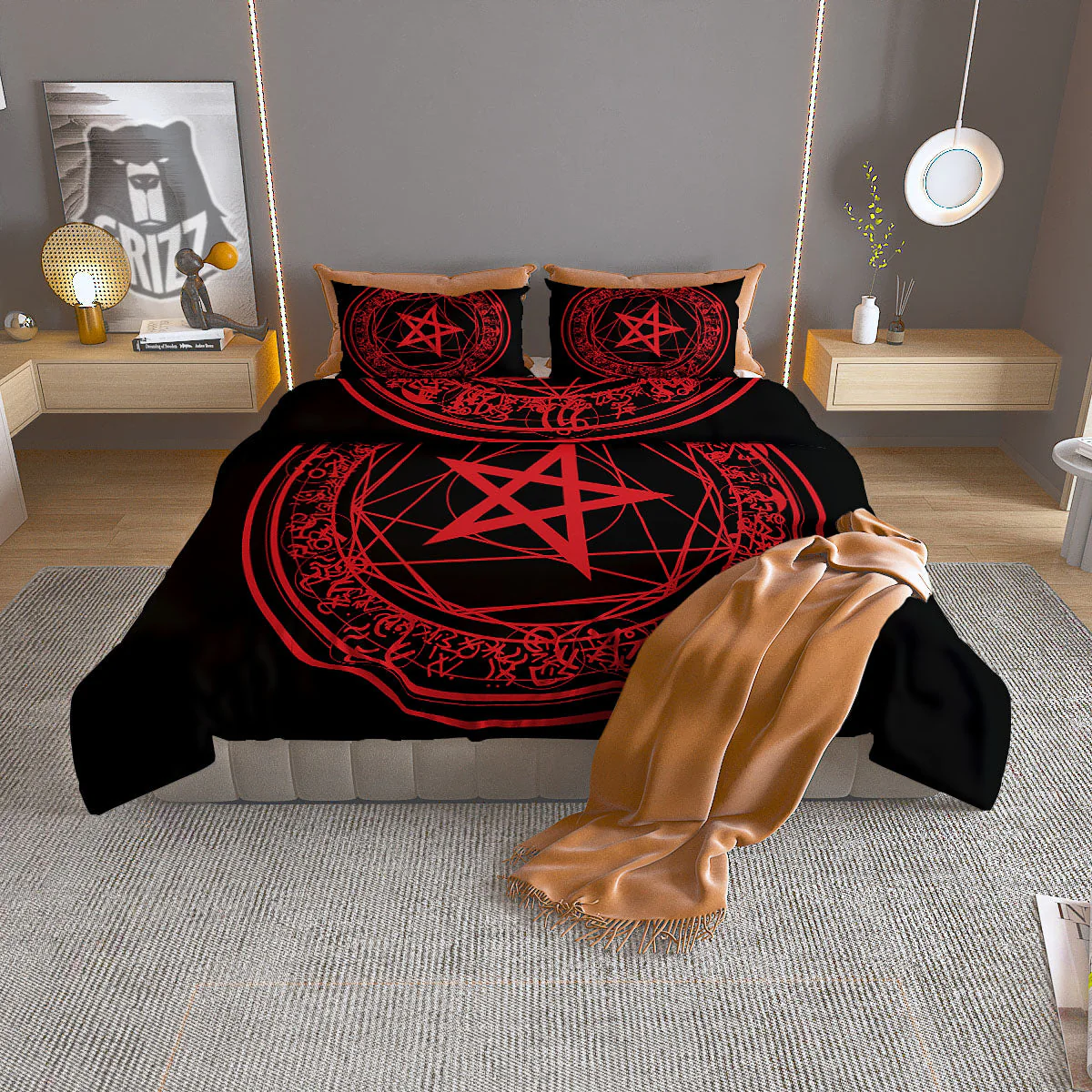 Satanic Pentagram Red And Black Print Duvet Cover Bedding Set