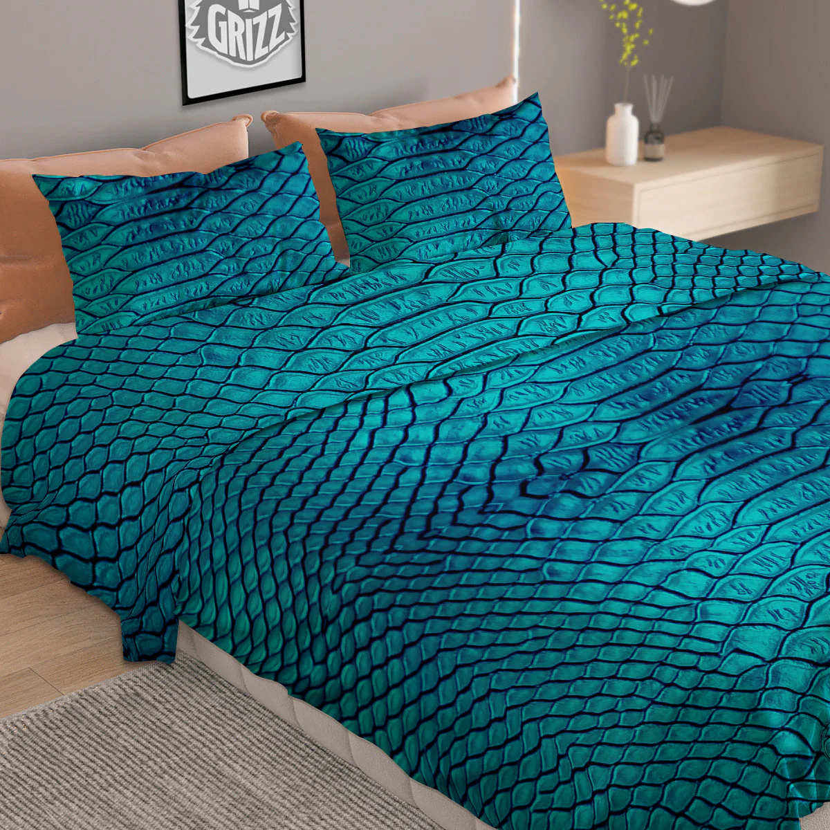 Scales Turquoise Snake Print Pattern Duvet Cover Bedding Set - Image 2